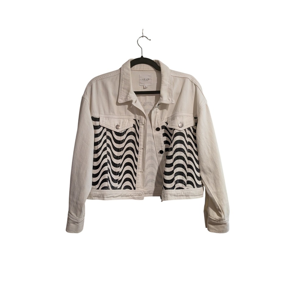 Le Lis Denim Jacket Womens‎ Small White Black Wavy Graphic Print Cropped MJ5178